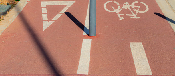 带有方向箭头和白色图标的自行车道，在公园、公共场所分为步行和骑行。图片下载