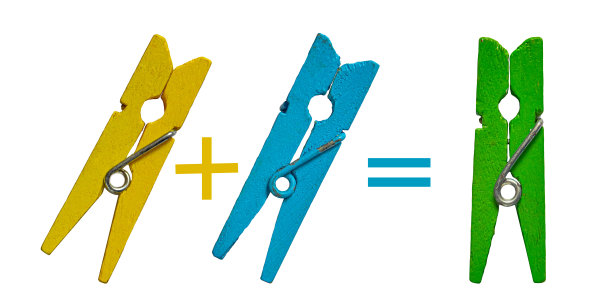 在孤立的白色背景上，三个黄色加蓝色等于绿色的木质晾衣夹图片下载