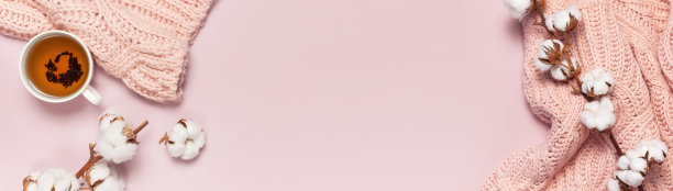 女性粉色针织毛衣，分枝的棉花，一杯茶在粉彩背景俯视平lay。女士冬季服装时尚外观。精致的棉花花。生活方式温和的女性背景图片下载