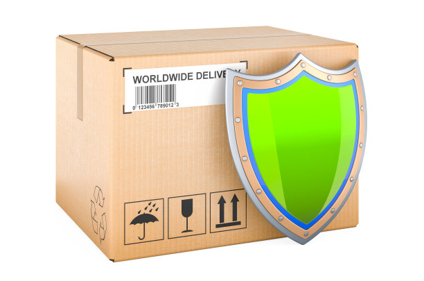 带盾的包裹。安全交付概念，3D渲染图片下载