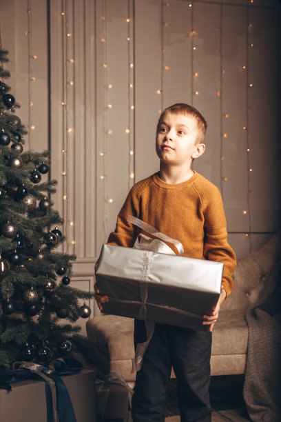 男孩拿着一个礼物盒在圣诞树旁边。一个孩子的肖像在圣诞装饰图片下载