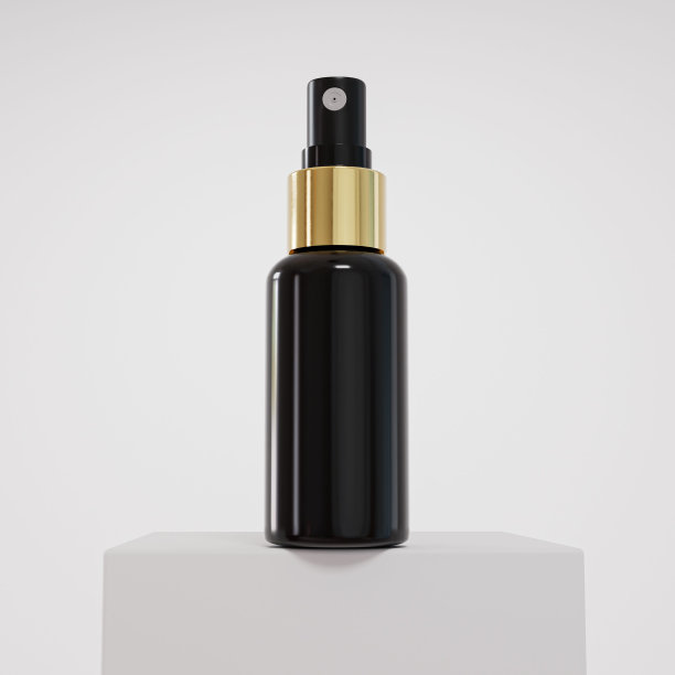 三维渲染的塑料喷雾瓶在立方体讲台上孤立的白色背景图片下载