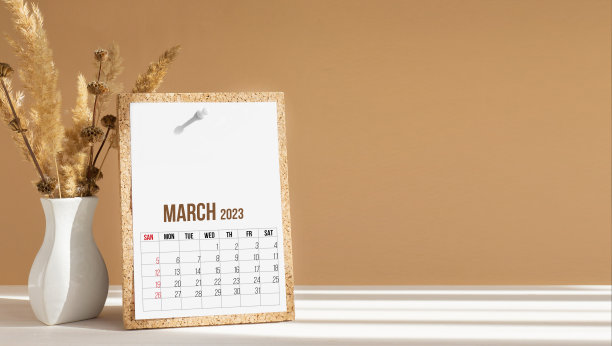 2023年3月。新两千二十三年日历的模型。页与桌子和干净的地方附着在软木板上的桌面旁边的花瓶与花束。规划概念图片下载