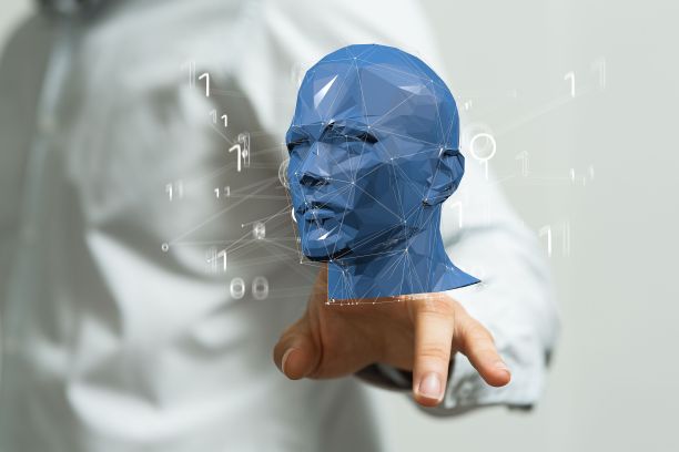 模糊的人点击在一个白色背景上的数字技术的3d同形人头概念图片下载