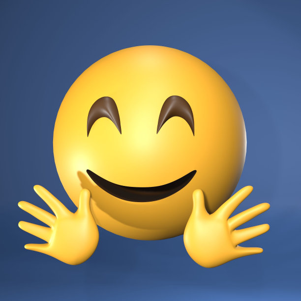 蓝色背景上一个黄色的笑脸和张开的手的3D渲染表情符号图片下载