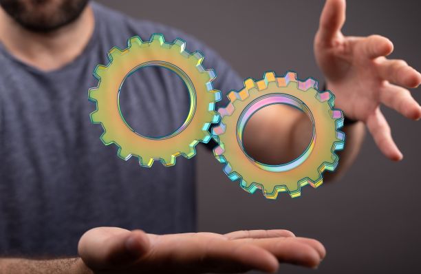 一个人的手触摸齿轮图标的3D渲染图片下载