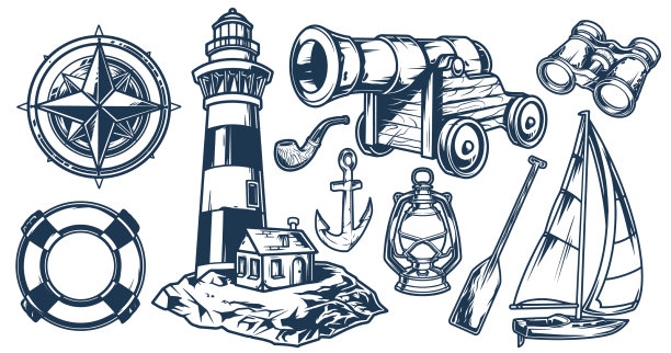 海洋探险集单色标签图片下载