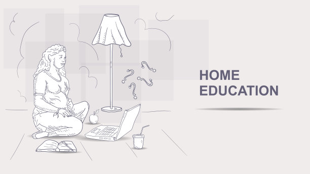 坐在笔记本电脑前的孕妇黑白涂鸦风格插画图片下载