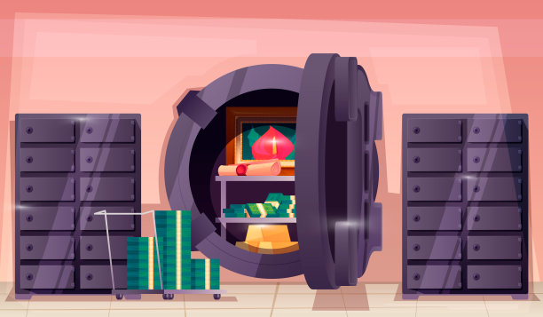 银行金库的门。打开保险箱，里面有金钱现金金锭，卡通扁平储蓄柜，带有金融概念。矢量图图片下载