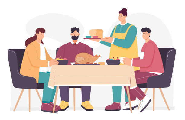 家庭聚餐，快乐的父母和孩子一起在餐桌上吃节日大餐图片下载