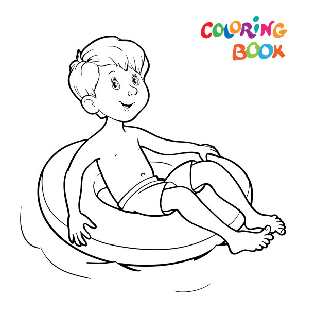 着色页面。快乐的男孩在水里骑着橡胶圈游泳图片下载