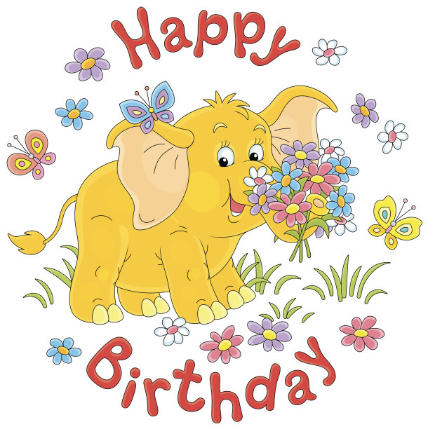 生日贺卡上有一只小象和一束花图片下载
