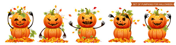 万圣节的南瓜，秋天的叶子。插图图片下载