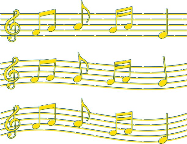 由高音谱号和音符符号组成的五线谱，用蓝色和黄色虚线在音乐/插图材料的主题上绘制(矢量插图)图片下载