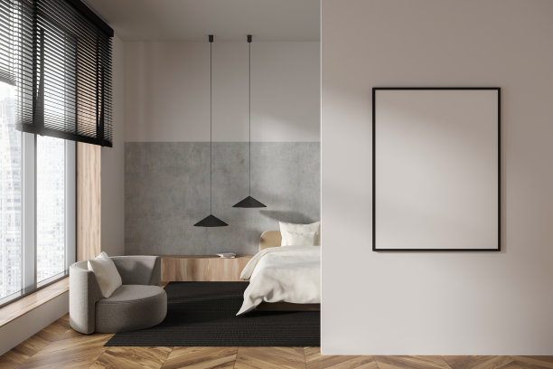 明亮的卧室内部有柔软的地方和睡眠区。模型框架图片下载