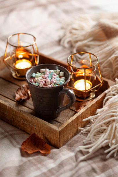 温暖舒适的卧室冬季或秋季概念，一杯热巧克力托盘，蜡烛扔图片下载