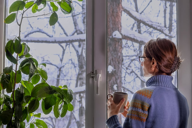 一名身穿蓝色毛衣、戴着眼镜的女子站在有雪景的窗前，一边喝茶，一边眺望远方，一边享受着孤独，想着未来的新年。图片下载