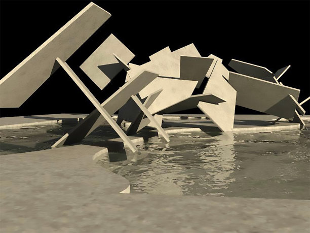 数字生成的图像不规则的混凝土艺术结构与池在3d图片下载