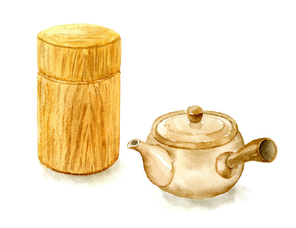 日本茶壶和茶田的水彩插图图片下载