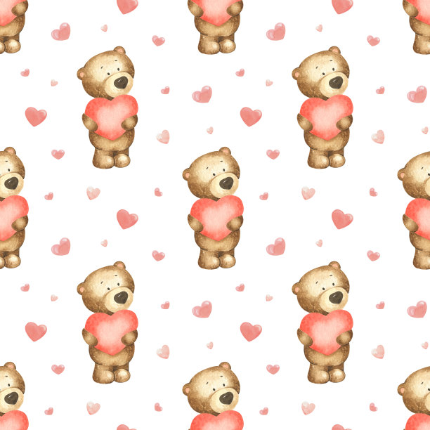 白色背景上有泰迪熊和爱心。水彩无缝图案情人节。完美的包装纸，背景，壁纸，纺织品设计。图片下载