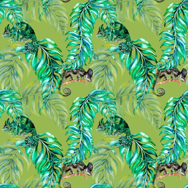 变色龙在棕榈叶上的华丽图案水彩插图图片下载