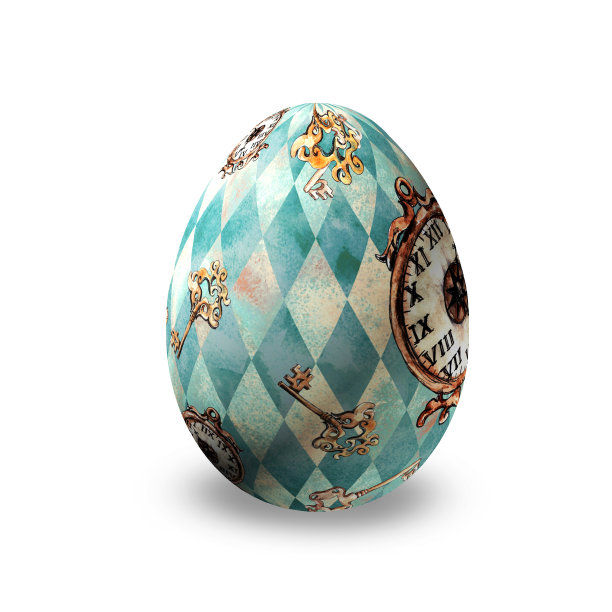 《爱丽丝梦游仙境》风格的3d渲染复活节彩蛋，白色背景上有孤立的插图图片下载