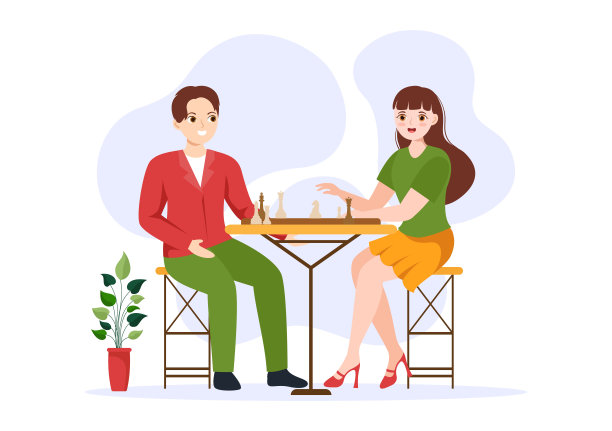 象棋棋盘游戏插图与人坐在对面和玩网页横幅或登陆页在卡通手绘模板插图图片下载