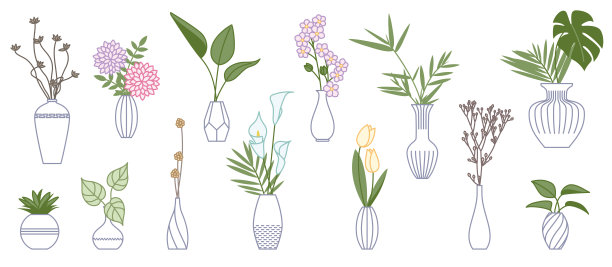 一套花瓶与花束和热带树叶图片下载