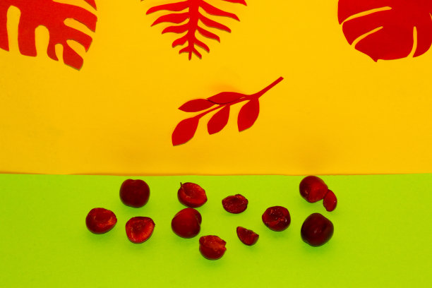 樱桃在绿色的背景上面的黄色部分的背景与红色的热带树叶，创意异国情调的背景，健康的食物，夏天的时间图片下载