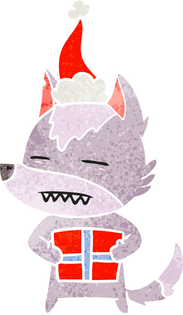 手绘的复古卡通狼与礼物戴着圣诞老人的帽子图片下载