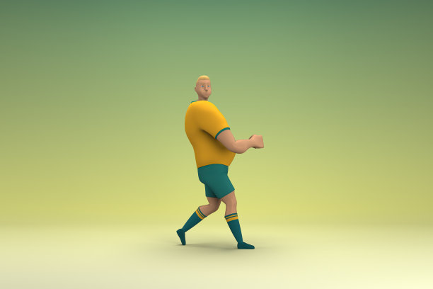 穿着黄色衬衫和绿色裤子的运动员。他在拉或推什么东西。动画角色在表演中的三维渲染。图片下载