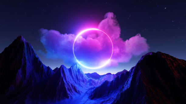 三维渲染，抽象背景。粉蓝色霓虹灯环在未来景观与山脉岩石和暴风雨云发光图片下载