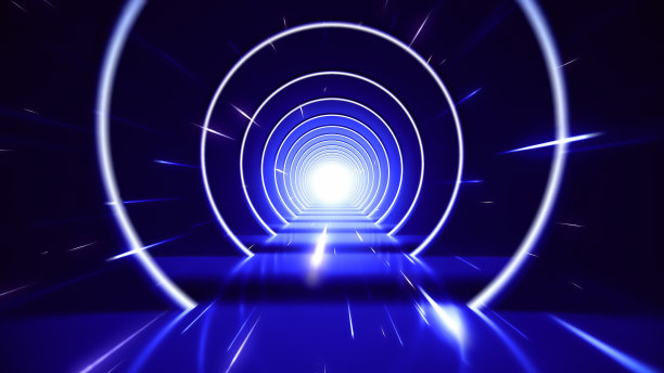 3d渲染，霓虹灯抽象背景，圆形门户，环形，圆形，虚拟现实，紫外光谱，激光秀，时尚领奖台，舞台，地板反射库存照片图片下载