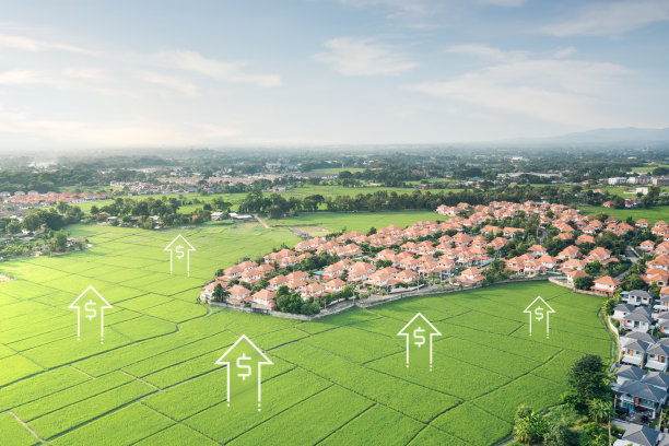 鸟瞰图中的土地价值由绿地或农田景观、村庄住宅或住宅建筑组成，向上箭头的价格市场价格。房地产或房产出售，投资图片下载