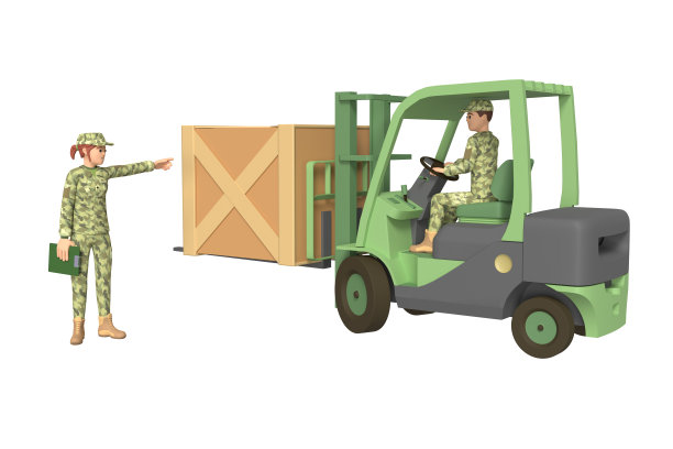 穿着军装的男人和女人正在用叉车装箱子。三维渲染图片下载