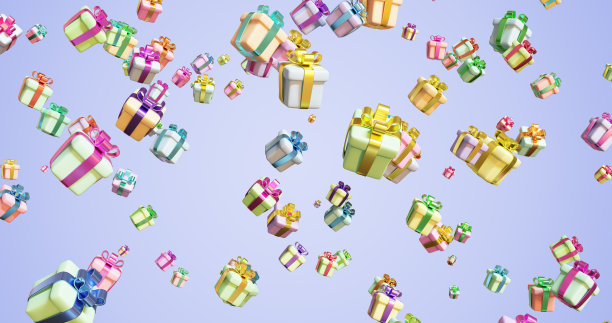 飞行礼盒彩色丝带蝴蝶结在紫色的背景。三维渲染图片下载