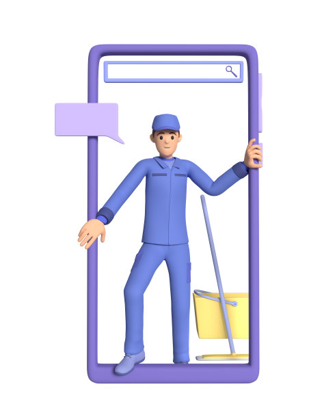 智能手机屏幕上的清洁服务人员。在线清洁服务的概念。三维渲染图片下载