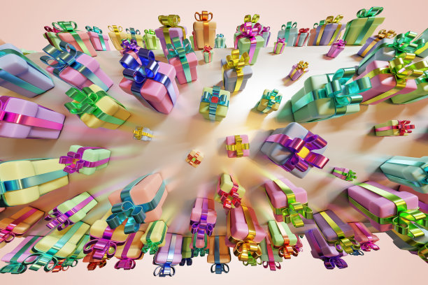 礼帽上有很多蝴蝶结的礼品盒。销售购物。三维渲染图片下载