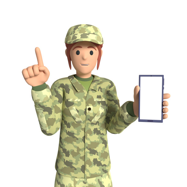 身穿军装的女子拿着手机。三维渲染图片下载