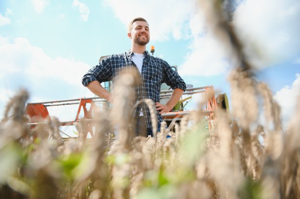 收割时站在麦田里的农民图片下载