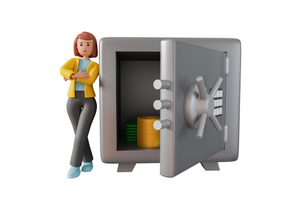 3d女性角色交叉双臂站在打开的保险箱孤立在白色背景。年轻女子站在保险箱旁边的3d插图。图片下载