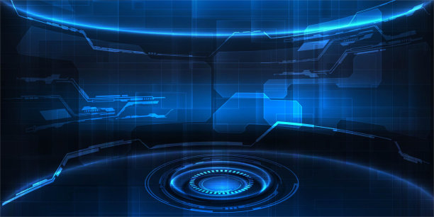 未来的数字现代技术与蓝色霓虹灯数字元素和高科技展示基座。图片下载