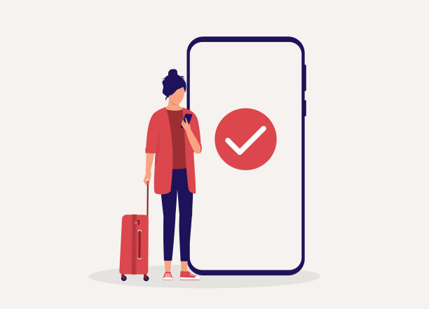 一名携带行李的女子用手机检查旅行许可。图片下载