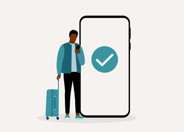带着行李的黑人男子用手机检查旅行许可。图片下载