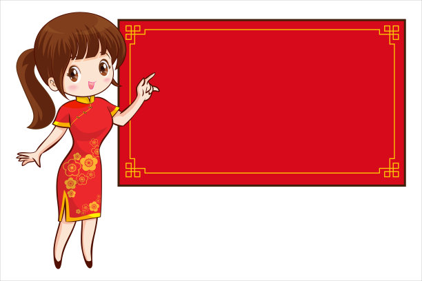 漂亮的中国女孩在普通话长袍与中国新年节日与空间框架图片下载