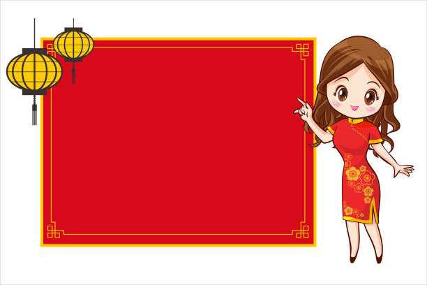 漂亮的中国女孩在普通话长袍与中国新年节日与空间框架图片下载