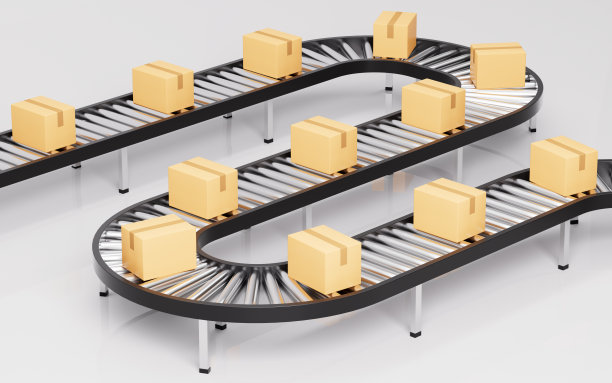 箱子上的传送带，物流运输概念，三维渲染。图片下载