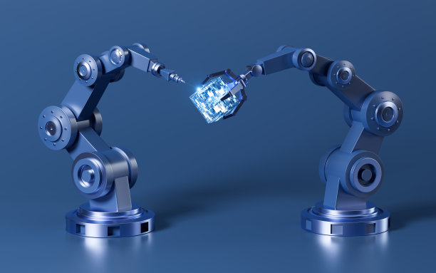 机械臂和电路芯片的科技背景，三维渲染。图片下载