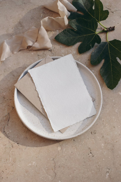 夏季复古品牌，婚礼文具。地中海的设计。空白棉纸卡片，邀请函模拟。白色的板。深绿色无花果叶，丝带。米色大理石背景。垂直flatlay。图片下载