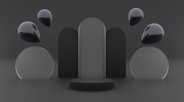 黑色的讲台上有黑色的气球。黑色背景，黑色气球和玻璃效果3d插图渲染您的产品设计传单等图片下载